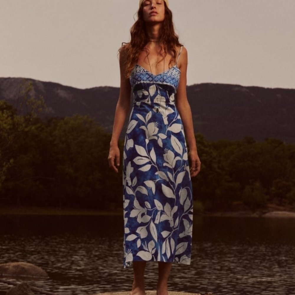 Gorgeous Summer Style ZARA Linen Midi Dress in Blue Hawaii Style Print - Picture 3 of 9